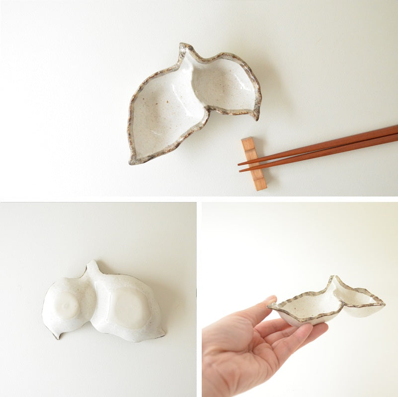 K43280 白唐津 ふたつ葉薬味 仕切り 皿 食器 おしゃれ かわいい かっこいい シンプル 子供 大人 陶器 北欧 和食器 風 美濃焼 ギフト プレゼント