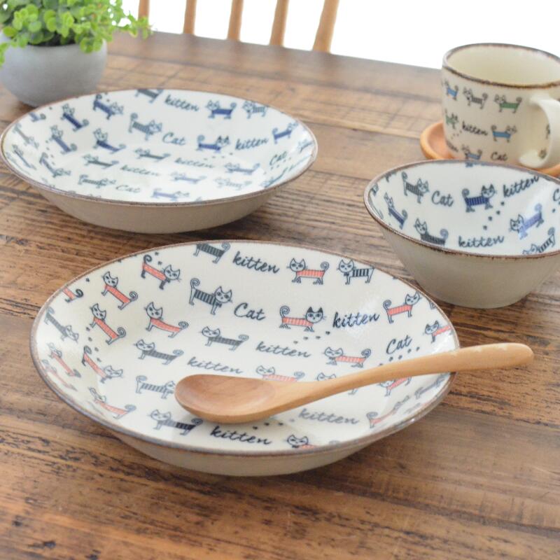 ねこねこ 20cmシチュープレート おしゃれ かわいい 可愛い ネコ 猫 ネコ柄 北欧 シチュー 大きい 日本製 食器 シンプル ナチュラル 食洗機使用可 電子レンジ使用可 プレゼント ギフト