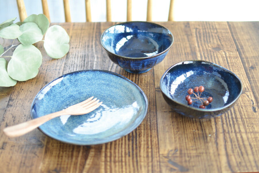 紺碧 緑彩 削ぎ入りお茶漬け飯碗 飯碗 ご飯茶碗 お茶漬け おしゃれ 紺 緑 陶器 シンプル 電子レンジ使用可 食洗機使用可 日本製 美濃焼 カクニ KAKUNI