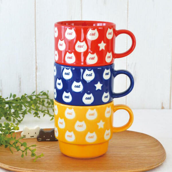 ビビット猫マグ 美濃焼 マグカップ かわいい 猫 おしゃれ 元気 ネコ 星 大容量 350ml 北欧 日本製 国産 食洗機使用可 電子レンジ使用可 カフェ ギフト プレゼント 箱入り ラッピング カクニ