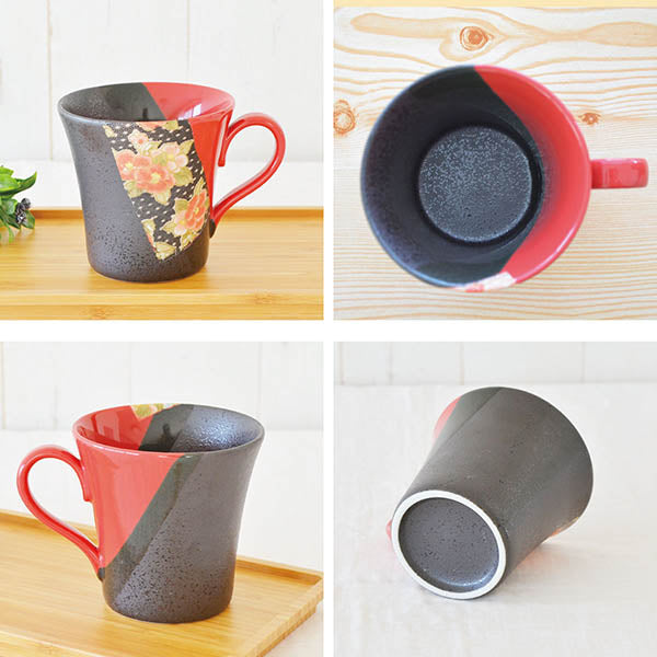 朱塗り友禅マグ【マグカップ おっしゃれ コーヒカップ 京都 着物柄 和風 友禅 赤 黒 抹茶 日本製 美濃焼 陶磁器 食器 レンジ対応 食洗機対応 KAKUNI カクニ】