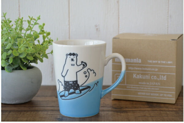 アニマルSURFマグ マグカップ おしゃれ コーヒーカップ カップ シロクマ ネコ イヌ サーフィン かわいい 美濃焼 陶器 日本製 国産 食洗機使用可 電子レンジ使用 可贈り物 カクニ