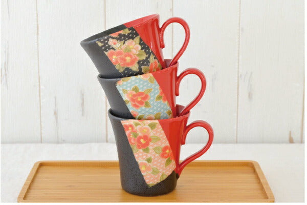 朱塗り友禅マグ【マグカップ おっしゃれ コーヒカップ 京都 着物柄 和風 友禅 赤 黒 抹茶 日本製 美濃焼 陶磁器 食器 レンジ対応 食洗機対応 KAKUNI カクニ】
