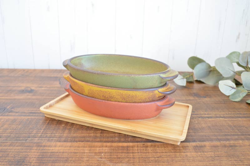 耐熱楕円グラタン(大)23.5cm イエロー グリーン オレンジ 1個 美濃焼 食器 おしゃれ 可愛い かっこいい スマート シンプル ナチュラル レンジ対応 食洗機対応 贈り物 プレゼント カクニ オリジナル 日本産 インスタ映え