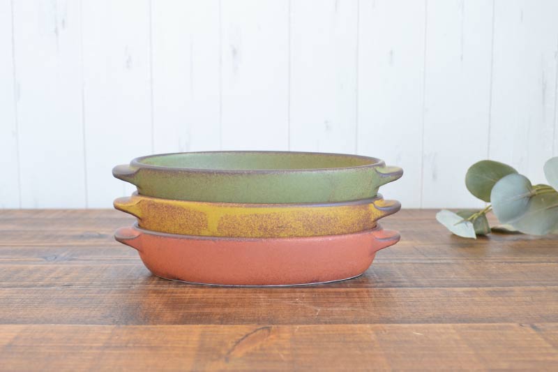 耐熱楕円グラタン(大)23.5cm イエロー グリーン オレンジ 1個 美濃焼 食器 おしゃれ 可愛い かっこいい スマート シンプル ナチュラル レンジ対応 食洗機対応 贈り物 プレゼント カクニ オリジナル 日本産 インスタ映え