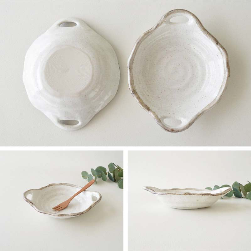 K11227 白唐津 両手付小鉢 皿 おしゃれ 鉢 ナチュラル シンプル 取り皿 陶器 かわいい シンプル 電子レンジ使用可 国産 新生活 プレゼント ギフト 食器 器 日本製 美濃焼 クリスマス