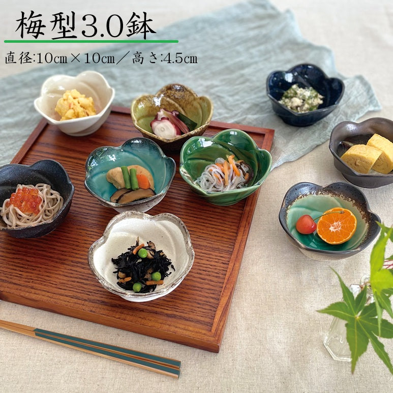 梅型3.0鉢 美濃焼 皿 小鉢 小皿 醤油 おしゃれ シンプル 小さめ かわいい 花 ナチュラル デザート 薬味 調味料 陶器 日本製 和風 ピンク ブルー ブラウン 黒 白 緑 茶 食器 KAKUNI