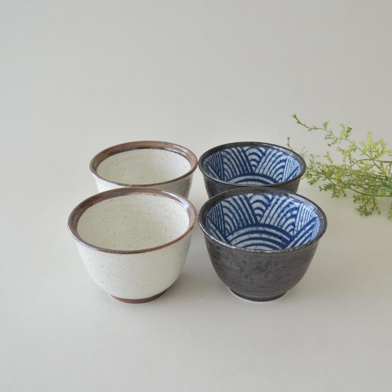 姫小丼 おしるこ碗 青海波＆白唐津4個セット 和食器 磁器 美濃焼 陶器 つるつる おしゃれ かわいい 上品 食洗器使用可能 電子レンジ使用可能 食卓 ギフト 贈り物 お祝い 新生活 キッチン