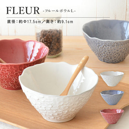 フルール ボウル(Ｌ) 鉢 丼 おしゃれ パスタ皿 花柄 日本製 美濃焼 陶磁器 食器 電子レンジ対応 食洗機対応 かわいい 白 使いやすい シンプル ホワイト 大きい チャーハン エレガント カクニ