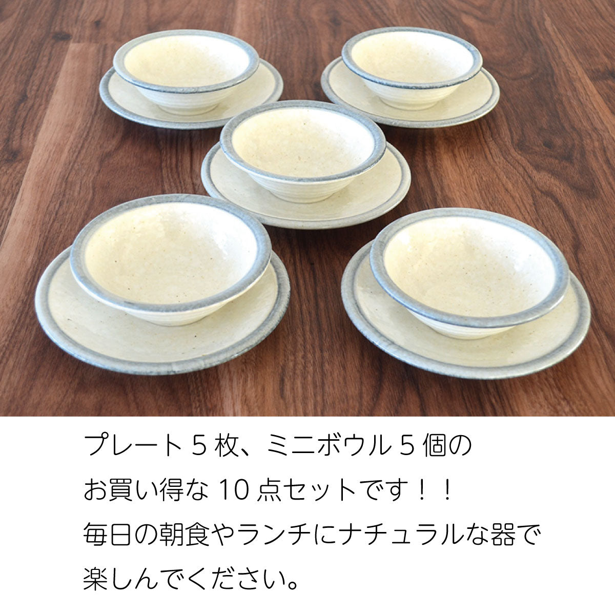 送料無料 ブルーラインミニボウル5P＆14cm皿5Pセット おしゃれ 小皿 取り皿 10点セット 小鉢 ボウル シンプル 取皿 おしゃれ 北欧 カフェ 日本製 美濃焼 陶磁器 食器 レンジ対応 食洗機対応 カクニ