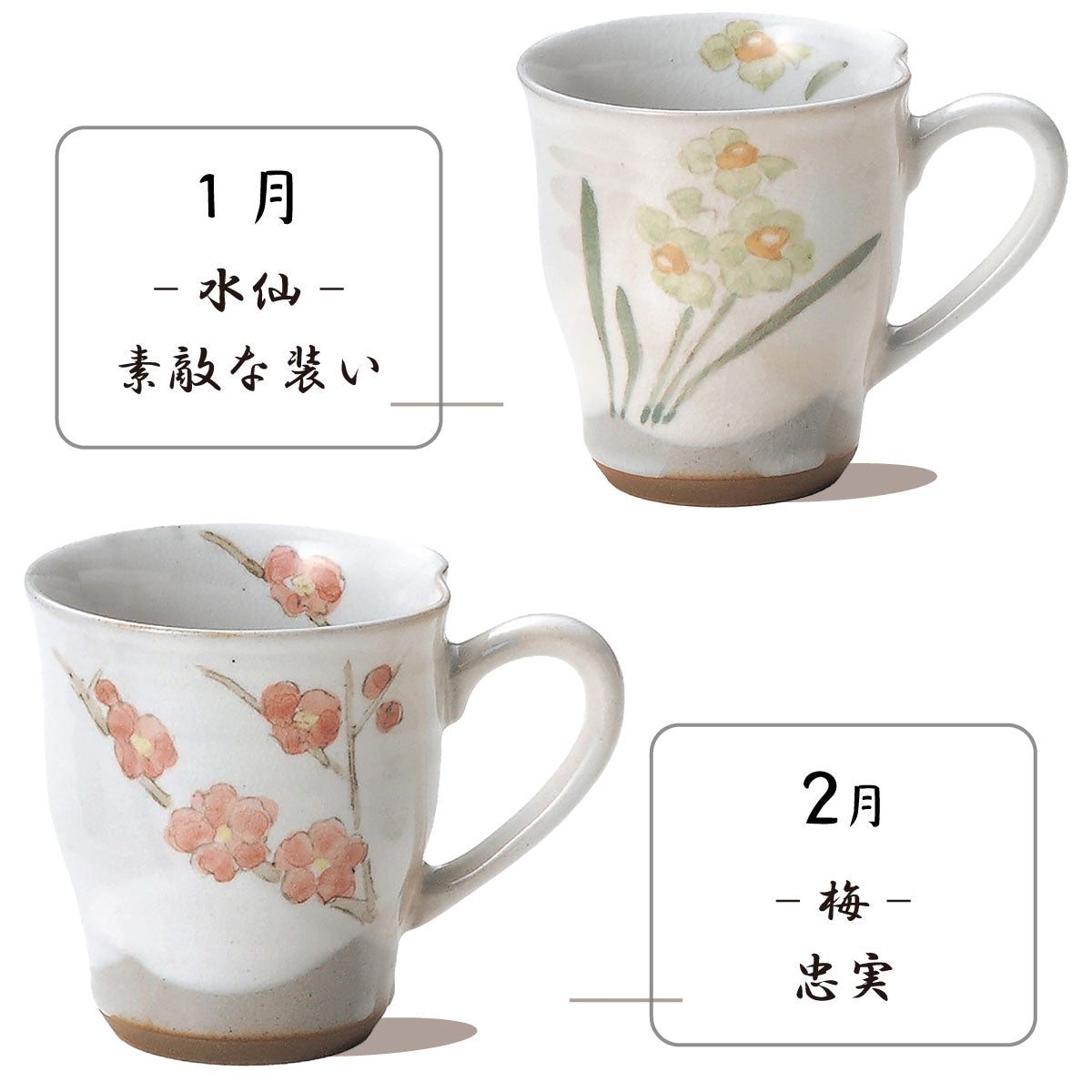 花言葉12ヶ月マグ マグカップ おしゃれ かわいい 花柄 ギフト 花言葉 敬老の日 誕生日 結婚記念日 プレゼント 贈り物 水仙 梅 すみれ 桜 あやめ ラベンダー ゆり ひまわり 秋桜 桔梗 つわぶき 椿 カクニ