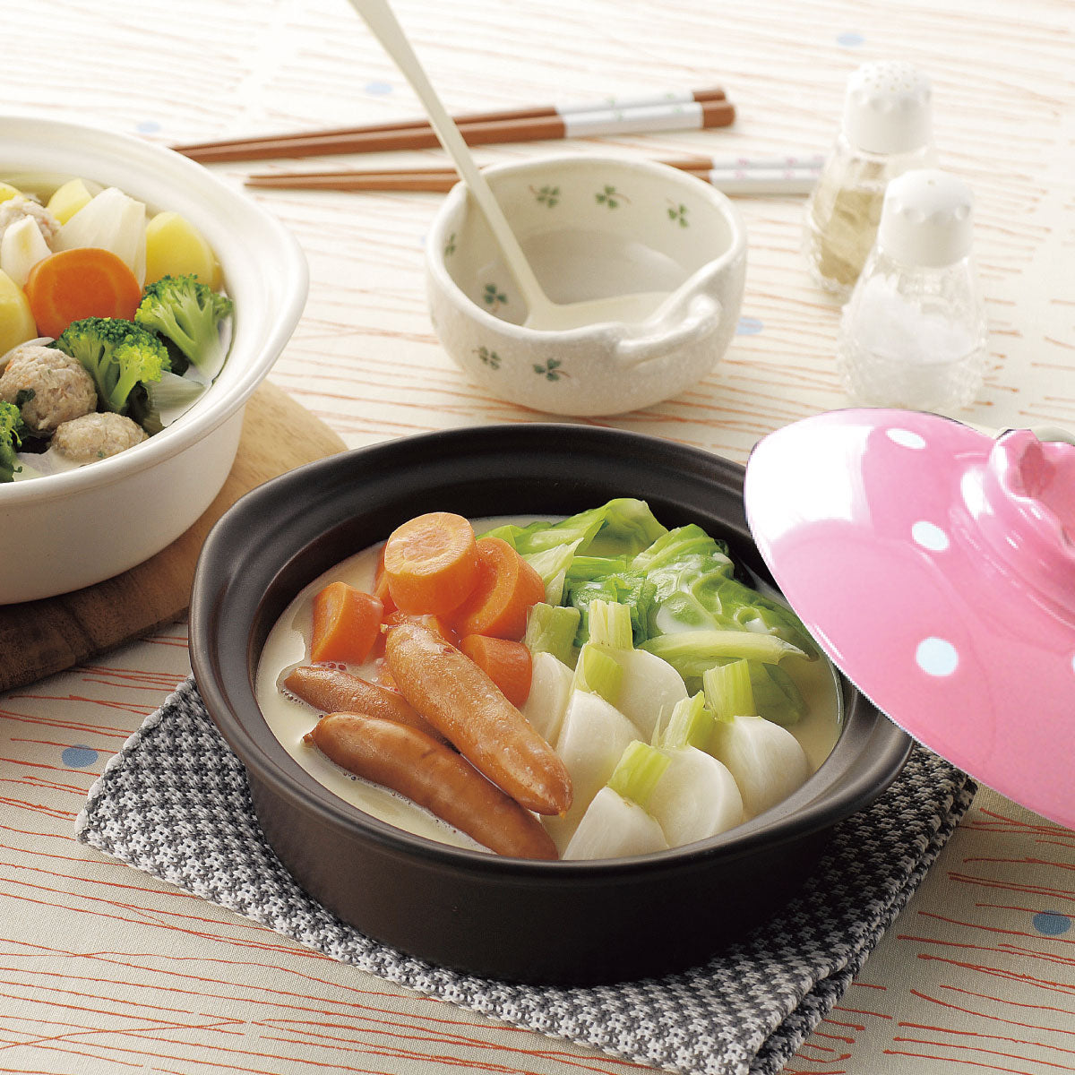 送料無料 土鍋6号 土鍋 6号 シンプル ギフト 日本製 陶器 食器 和風 ナチュラル ブランシェ クローバー ピンク イエロー 1人用2人用 カクニ 日本製 美濃焼