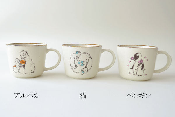 ほっこりアニマル花束 陶器 マグカップ おしゃれ 大きめ 美濃焼 かわいい 可愛い 猫 レトロ ネコ ナチュラル シンプル 電子レンジ使用可 食洗機使用可 日本製 国産プレゼント ギフト 動物柄 カクニ KAKUNI
