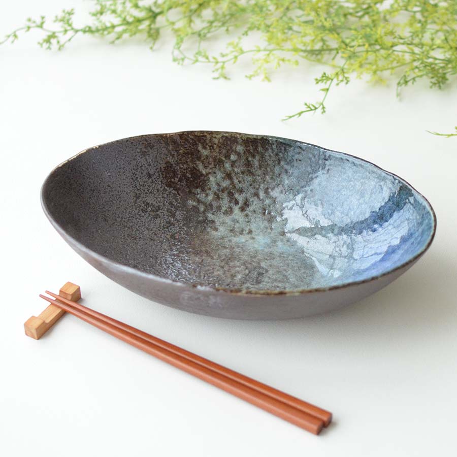 月あかり 楕円鉢【大鉢 楕円鉢 和風 おしゃれ シンプル かっこいい 日本製 美濃焼 和食器 黒い 模様 食洗機対応 レンジOK ギフト カクニ KAKUNI】