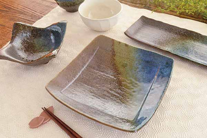 枠抜き角盛皿 月あかり 角皿 大きい 魚 刺身 盛皿 朝食 プレート 青 変形 おしゃれ シンプル クリスマスかっこいい 日本製 美濃焼 食器 黒い 模様 食洗機対応 レンジOK