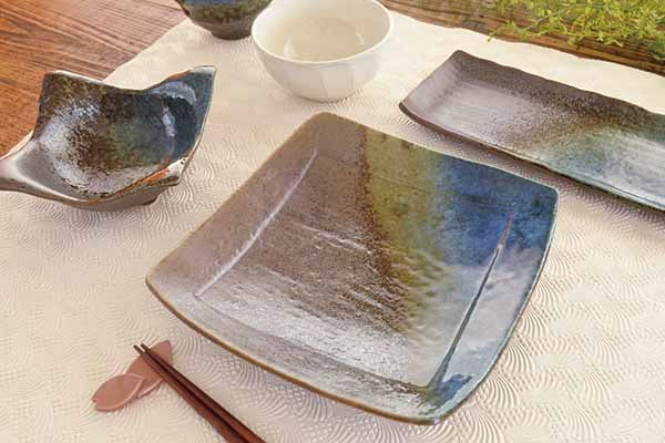 枠抜き角盛皿 月あかり 角皿 大きい 魚 刺身 盛皿 朝食 プレート 青 変形 おしゃれ シンプル クリスマスかっこいい 日本製 美濃焼 食器 黒い 模様 食洗機対応 レンジOK