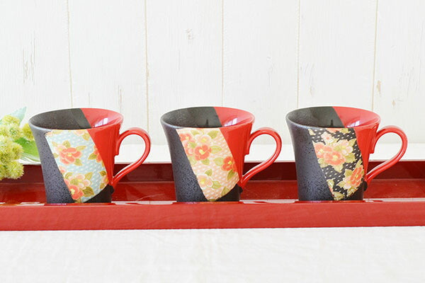 朱塗り友禅マグ【マグカップ おっしゃれ コーヒカップ 京都 着物柄 和風 友禅 赤 黒 抹茶 日本製 美濃焼 陶磁器 食器 レンジ対応 食洗機対応 KAKUNI カクニ】